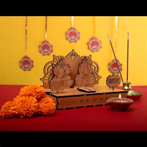 Wooden Diwali T Set Mandir Diya Toran And Shubh Labh Swastik Dangl