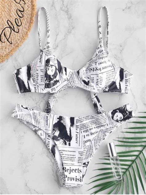 Zaful Newspaper Print Underwire Bikini Set White Underwire Bikini Set