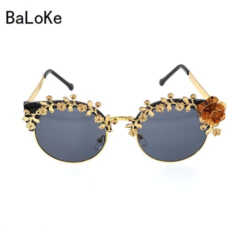 Baroque Steampunk Sunglasses Gold Frame Metal Flower Round Sun Glasses Women Party Summer Beach