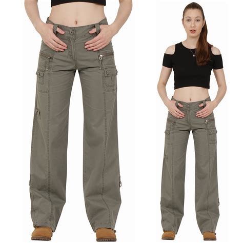 New Ladies Womens Army Green Cotton Wide Loose Leg Cargo Pants Combat