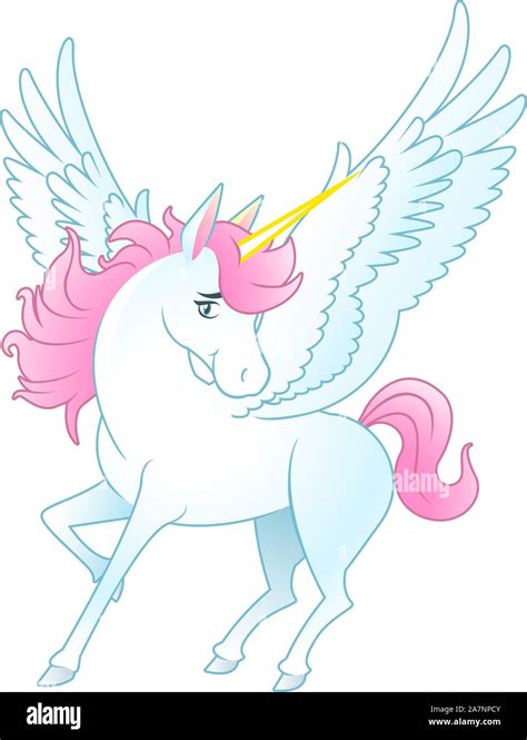 Unicorn Pegasus With Opened Wings And Yellow Horn Pink Hair And Tail