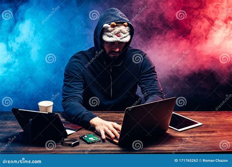 Funny Hacker Man Computer Genius Engaged In Crime Stock Photo Image