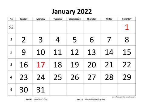 January 2022 Calendar Designed With Large Font Horizontal Free