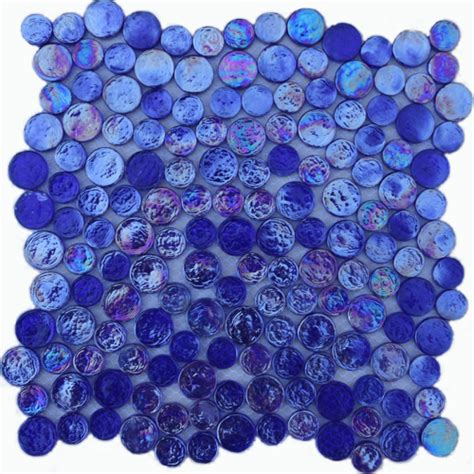 Cobalt Blue Irredescent Reflection Rippled Glass Mosaic Circle Tile