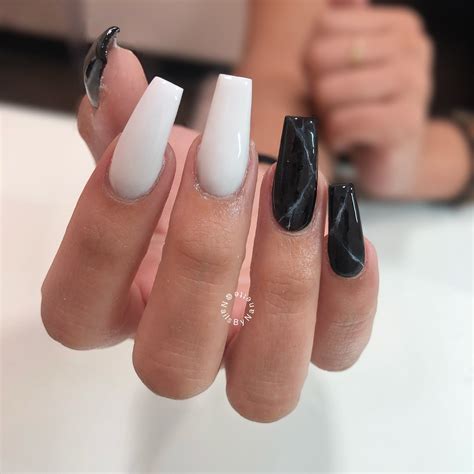 Long White And Black Coffin Nails Black Marble Nail Designs Black