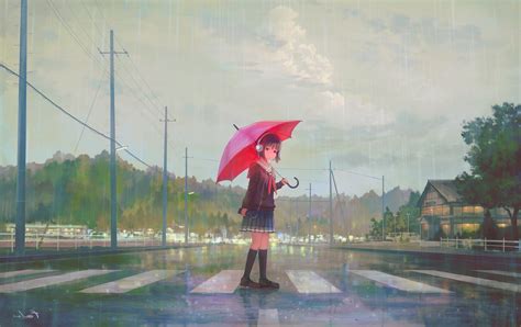 Wallpaper Umbrella Street Anime School Girl Headphones Raining