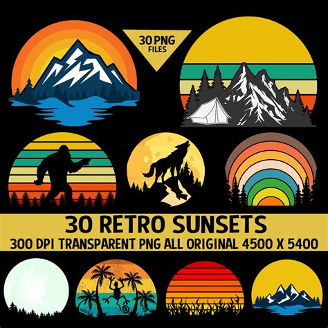 Retro Vintage Sunsets Pack 3 30 Sunset Clipart Sunrise Moons Bigfoot