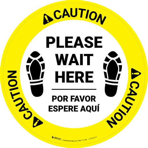Caution Please Wait Here Bilingual Spanish With Shoe Prints Circular