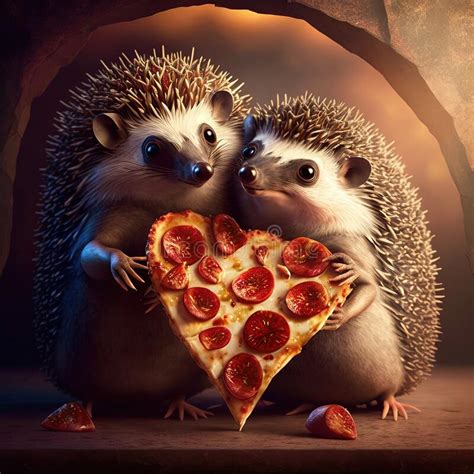 Hedgehogs Enjoying Heart Shaped Pizza Stock Illustration Illustration