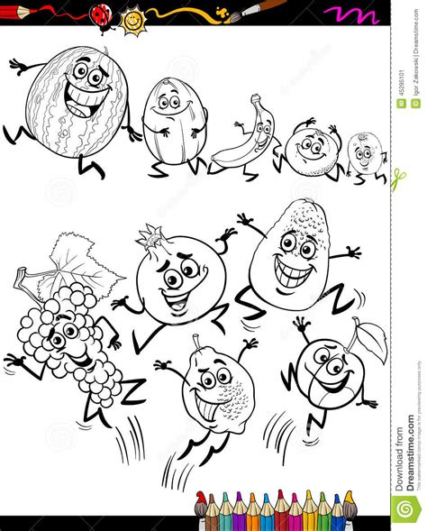 Funny Fruits Set Cartoon Coloring Page Stock Vector