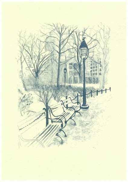 Winter Pencil Drawing Snow Park New York Bench