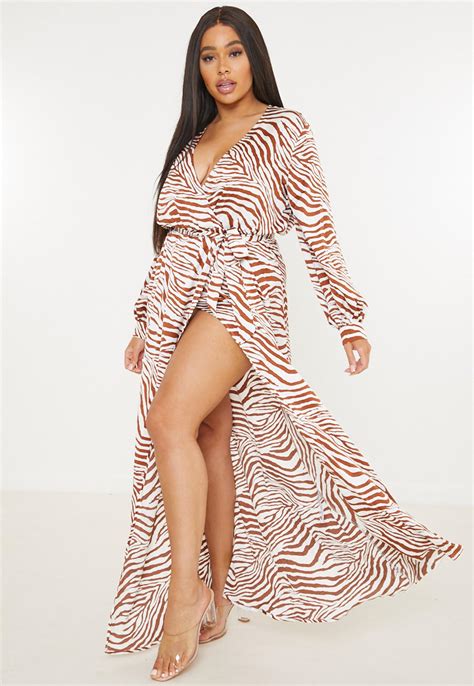 Plus Size Brown Zebra Print Plunge Neck Maxi Dress