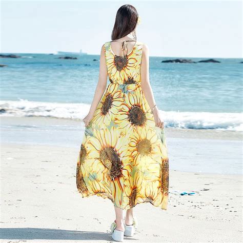 Image Chiffon Dress Sleeveless Dress Sunflower Accessories Seaside Beach Long Beach Dress