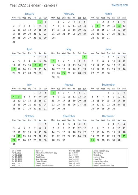 Calendar For 2022 With Holidays In Zambia Print And Download Calendar