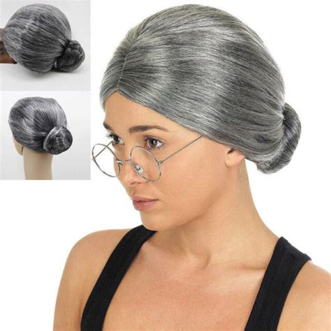 Grandma Gray Short Old Lady Granny Costume Cosplay Party Performance Wig Bun For Sale Online EBay