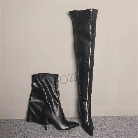 Laigzem Womens Over Knee Boots Stiletto Heels Front Zip Thigh High Boots Pointy Botas Feminina