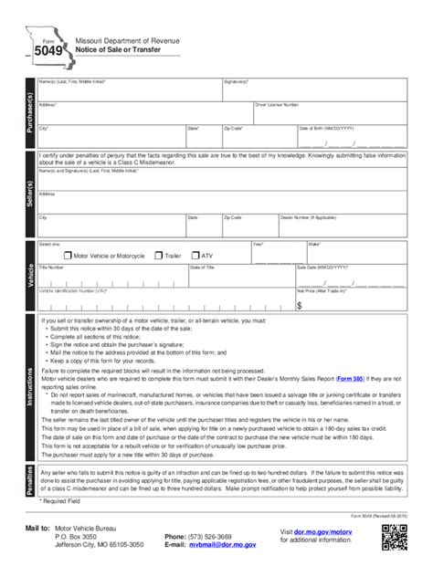 Missouri Bill Of Sale Form Free Templates In Pdf Word Excel To Print