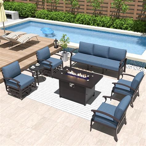 Kullavik 7 Seat Aluminum Patio Furniture Set With Curved Armrests Swivel Chairs Navy Blue