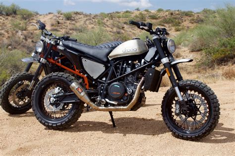 The bikes had to be versatile but comfy for away from home trips and for just hitting the dirt. KTM 690 Duke Scramblers - RocketGarage - Cafe Racer Magazine