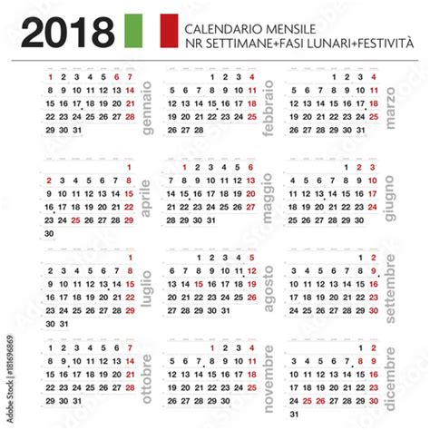 Calendario Mensile Italiano 2018 Con Lune Festività E Nr Settimana