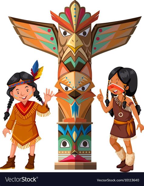 Two Red Indians And Totem Pole Royalty Free Vector Image Red Indian Native Indian Native