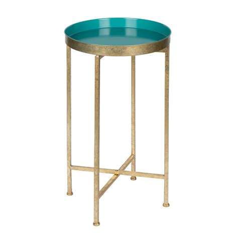 Porch And Den Alamo Heights Zambrano Round Metal Grey Foldable Tray Accent Table Teal