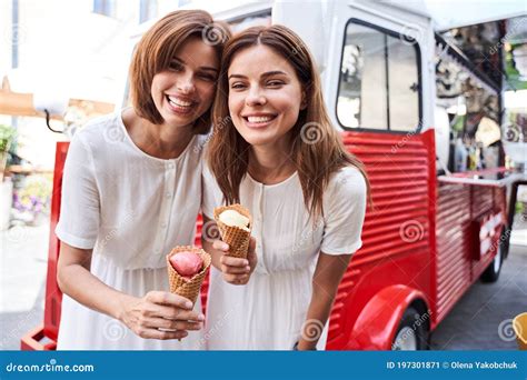 Womans Eating Ice Cream And Having Fun Stock Image Image Of