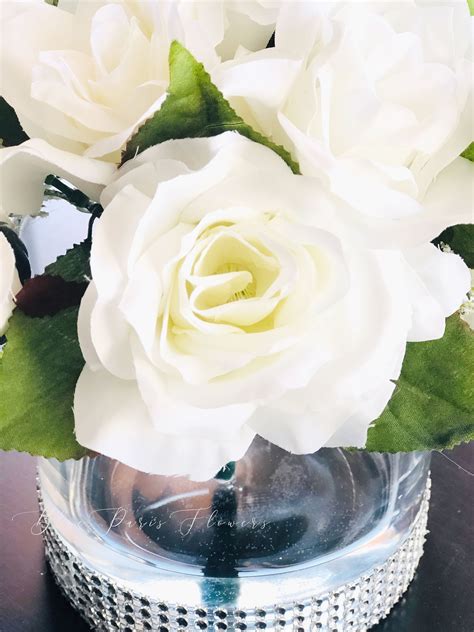 White Rose Arrangement Artificial Faux Centerpiece Silk Flowers In