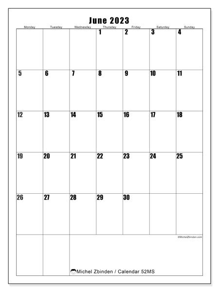 June 2023 Printable Calendar “52ms” Michel Zbinden Uk