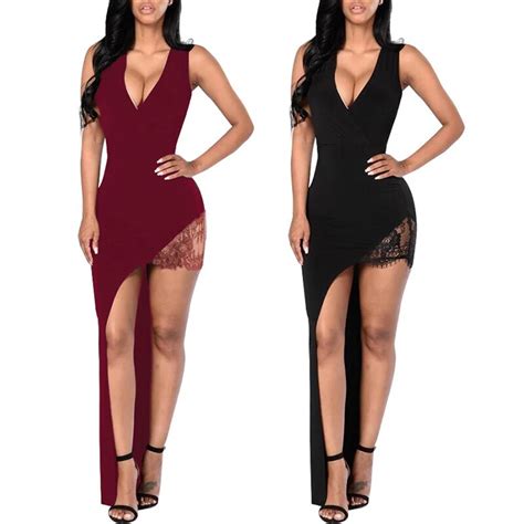 Fashion Summer Slim Sexy Deep V Neck Lace Sexy Side Split Women