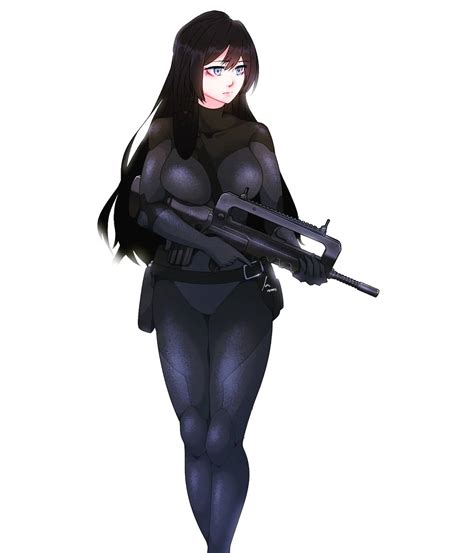 Safebooru 1girl Assault Rifle Bangs Belt Black Belt Black Bodysuit Black Hair Bodysuit Breasts