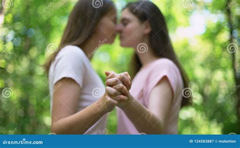 Lesbians Couple Kissing And Holding Hands Trustful Relationship Lgbt