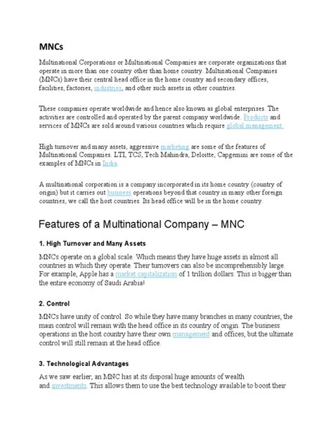 Features Of A Multinational Company Mnc Industries Pdf