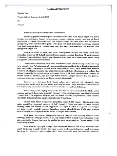 Motivation Letter Beasiswa Bank Indonesia Dunia Belajar