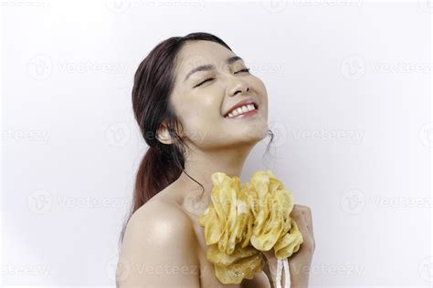 Portrait Of Happy Asian Girl Taking Shower With Gel She Washing With