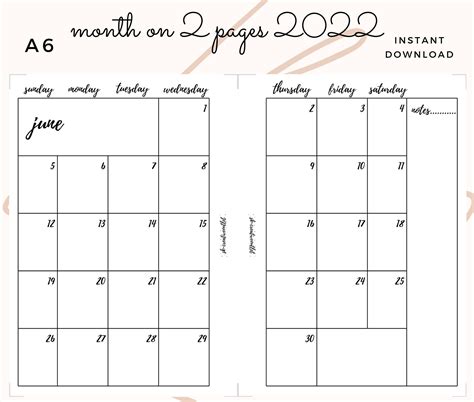 A6 Printable Month On 2 Pages 2022 Monthly Calendar Etsy