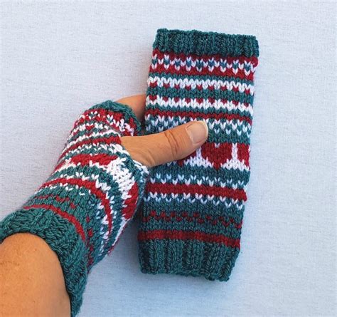 Fingerless Gloves Teal And Red Fair Isle Knitted Hand Warmer Etsy
