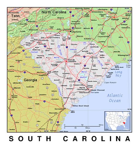 Large Map Of South Carolina State With Relief Vidiani