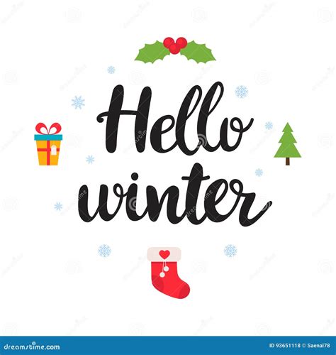 Hallo Winter Schönes Plakat Mit Schneeflocken Weihnachtsmistelzweig
