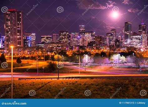 Downtown Denver Colorado Skyline At Night Stock Image Image Of Modern