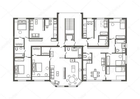 Linear Architectural Sketch Plan Of Apartment Section Stock Vector