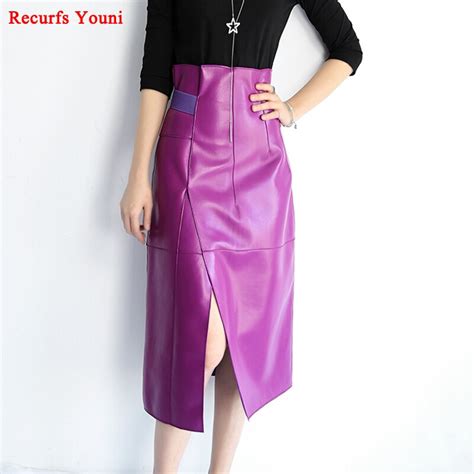 New Women Genuine Leather Blackpurple Long Maxi Skirts Femme Befree High Waist Fold Slit Jupe
