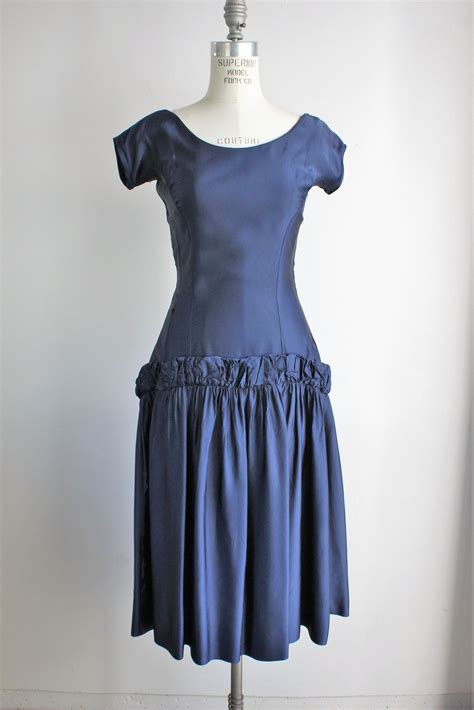 Vintage 1950s Navy Blue Party Dress New Look Satin Navy Blue Party