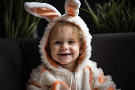 Premium Ai Image A Child Wearing A Bunny Costume Sits On A Couch