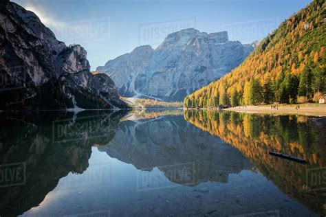 Lake Braies In Dolomite Mountains South Tyrol Italy Stock Photo