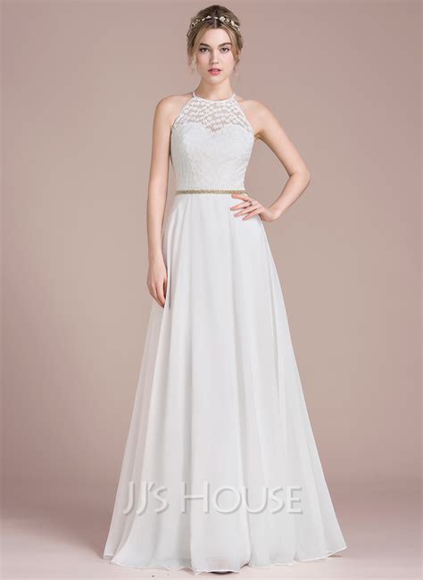 A Lineprincess Scoop Neck Floor Length Chiffon Lace Wedding Dress With Beading 002118462