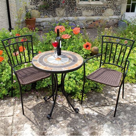 It has a plastic surface and a metal and acrylic round base for additional. 2 Seater Bistro Set Black Steel Frame Stone Mosaic Lawn Garden Patio Furniture | Garden dining ...
