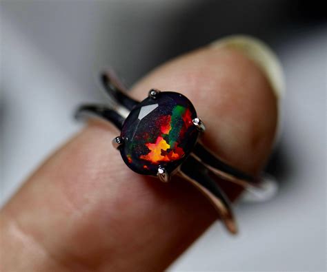 Vivid Red Natural Black Fire Opal Ring Genuine Black Opal Ring Silver