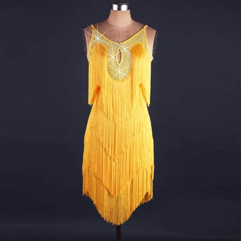 2018 Fashion Yellow Latin Fringe Dress Can Be Customized Latin Dance Dress Girls Sleeveless
