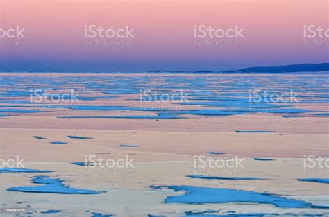 Blue Ice Of Baikal Lake Under Pink Sunset Sky Stock Photo Download